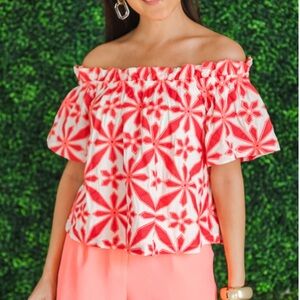 SKIES ARE BLUE Embroidered Off Shoulder Small Top EUC